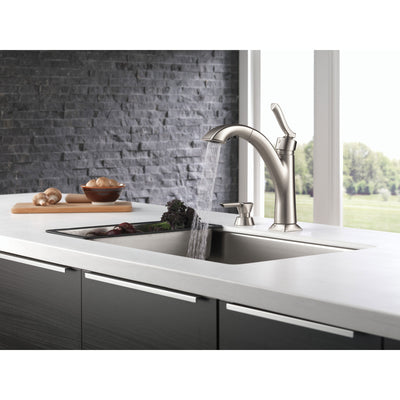 Delta Kine Spotshield Stainless Steel Finish Single Handle Pull-Out Kitchen Faucet with Soap Dispenser D16967SPSDDST