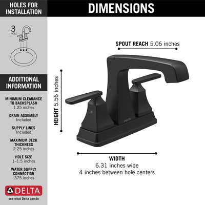 Delta Ashlyn Matte Black Finish Two Lever Handle Centerset Lavatory Sink Faucet with Matching Pop-Up Drain D2564BLMPUDST