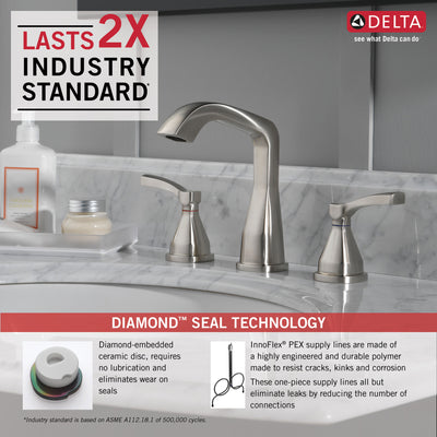 Delta Stryke Stainless Steel Finish Widespread Bathroom Sink Faucet with Matching Drain and Lever Handles D35776SSMPUDST