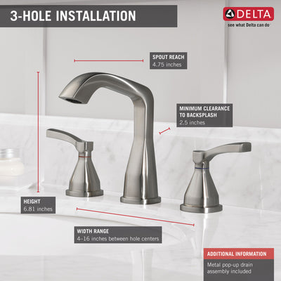 Delta Stryke Stainless Steel Finish Widespread Bathroom Sink Faucet with Matching Drain and Lever Handles D35776SSMPUDST