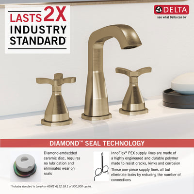 Delta Stryke Champagne Bronze Finish Widespread Bathroom Faucet with Matching Drain and Cross Handles D357766CZMPUDST