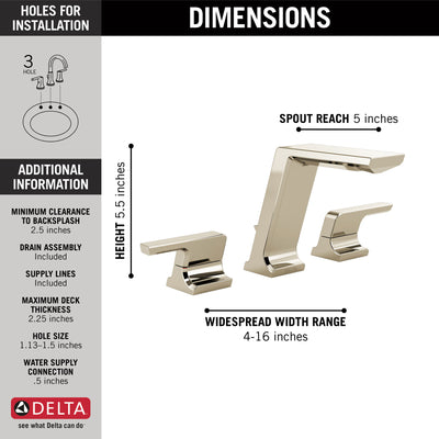 Delta Pivotal Polished Nickel Finish Modern Two Handle Widespread Bathroom Faucet with Matching Finish Drain D3599LFPNMPU