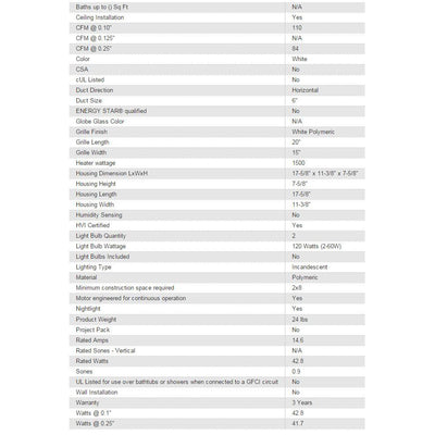 Broan QTX110HL White Ultra Silent Bathroom Exhaust Fan with Light and Heater