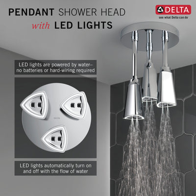 Delta Chrome Finish 2.5 GPM H2Okinetic Pendant Triple Ceiling Mount Raincan Shower Head with Water-Powered LED Light D5714025L