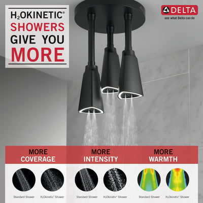 Delta Matte Black Finish 2.5 GPM H2Okinetic Pendant Triple Ceiling Mount Raincan Shower Head with Water-Powered LED Light D57140BL25L