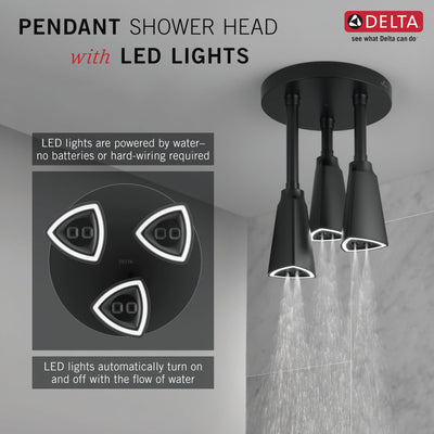 Delta Matte Black Finish 2.5 GPM H2Okinetic Pendant Triple Ceiling Mount Raincan Shower Head with Water-Powered LED Light D57140BL25L