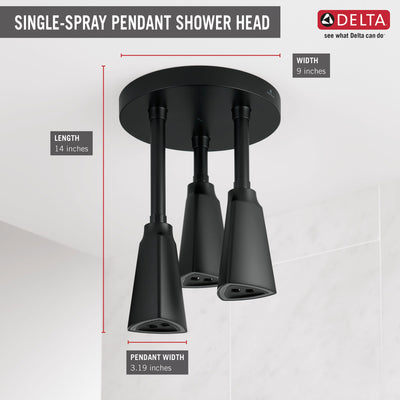 Delta Matte Black Finish 2.5 GPM H2Okinetic Pendant Triple Ceiling Mount Raincan Shower Head with Water-Powered LED Light D57140BL25L