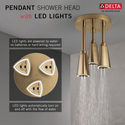 Delta Champagne Bronze Finish 2.5 GPM H2Okinetic Pendant Triple Ceiling Mount Raincan Shower Head with Water-Powered LED Light D57140CZ25L