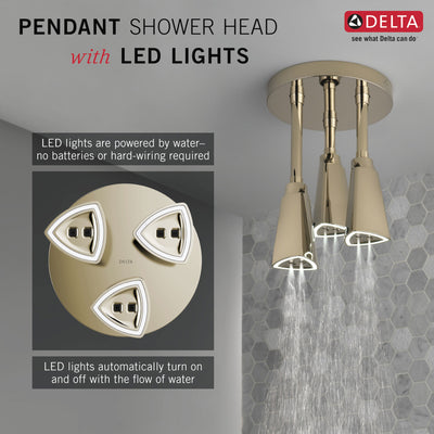 Delta Polished Nickel Finish 2.5 GPM H2Okinetic Pendant Triple Ceiling Mount Raincan Shower Head with Water-Powered LED Light D57140PN25L