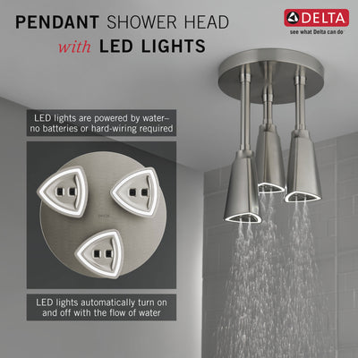 Delta Stainless Steel Finish 2.5 GPM H2Okinetic Pendant Triple Ceiling Mount Raincan Shower Head with Water-Powered LED Light D57140SS25L