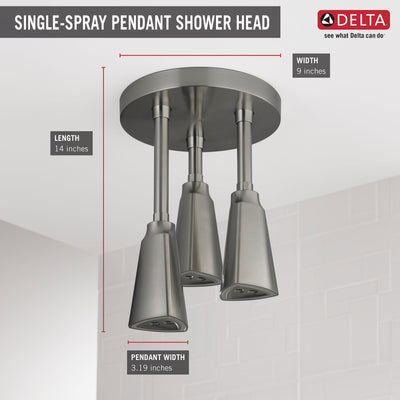 Delta Stainless Steel Finish 2.5 GPM H2Okinetic Pendant Triple Ceiling Mount Raincan Shower Head with Water-Powered LED Light D57140SS25L