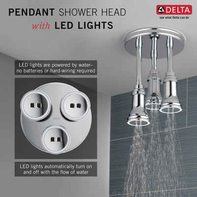 Delta Chrome Finish 2.5 GPM H2Okinetic Pendant Triple Ceiling Mount Raincan Shower Head with Water-Powered LED Light D5719025L