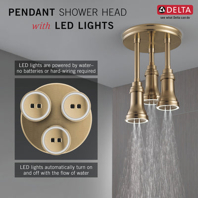 Delta Champagne Bronze Finish 2.5 GPM H2Okinetic Pendant Triple Ceiling Mount Raincan Shower Head with Water-Powered LED Light D57190CZ25L