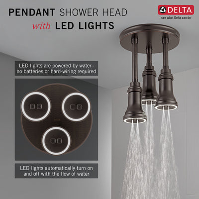 Delta Venetian Bronze Finish 2.5 GPM H2Okinetic Pendant Triple Ceiling Mount Raincan Shower Head with Water-Powered LED Light D57190RB25L