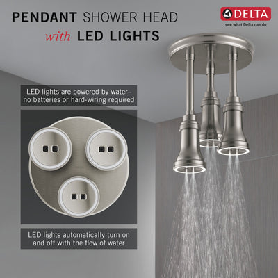 Delta Stainless Steel Finish 2.5 GPM H2Okinetic Pendant Triple Ceiling Mount Raincan Shower Head with Water-Powered LED Light D57190SS25L