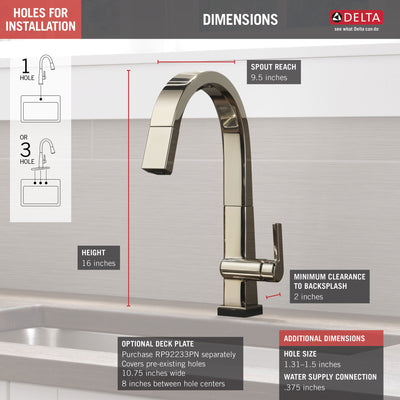Delta Pivotal Polished Nickel Finish Single Handle Pull Down Kitchen Faucet with Touch2O Technology D9193TPNDST
