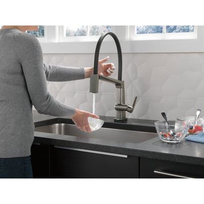 Delta Pivotal Black Stainless Steel Finish Single Handle Exposed Hose Kitchen Faucet with Touch2O Technology D9693TKSDST