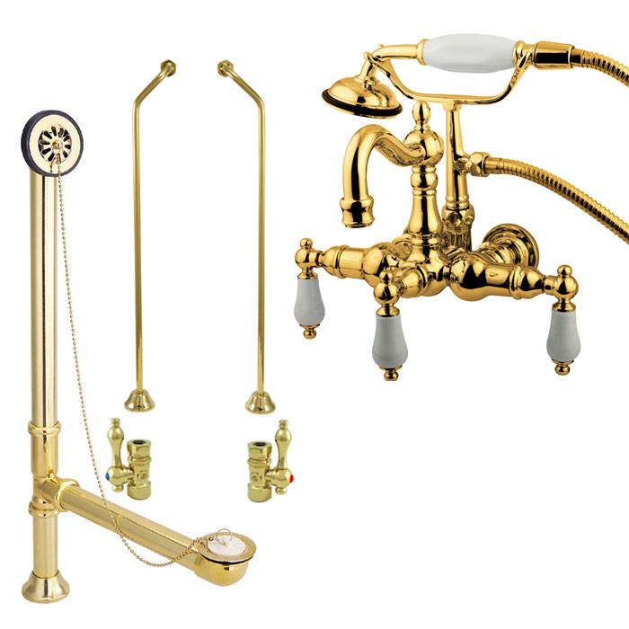 Polished Brass Wall Mount Clawfoot Tub Faucet Package w Drain Supplies Stops CC1011T2system
