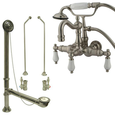 Satin Nickel Wall Mount Clawfoot Tub Faucet w hand shower w Drain Supplies Stops CC1011T8system