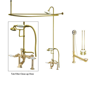 Polished Brass Clawfoot Tub Faucet Shower Kit with Enclosure Curtain Rod 105T2CTS