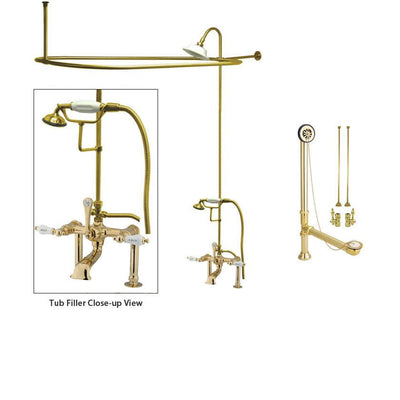 Polished Brass Clawfoot Tub Faucet Shower Kit with Enclosure Curtain Rod 107T2CTS