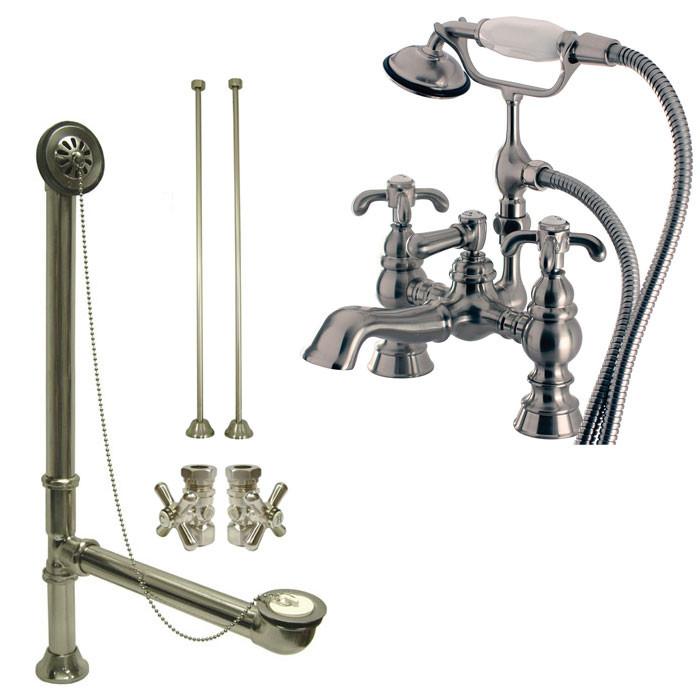 Satin Nickel Deck Mount Clawfoot Tub Faucet w hand shower w Drain Supplies Stops CC1158T8system
