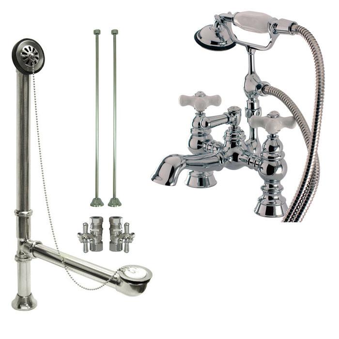 Chrome Deck Mount Clawfoot Tub Faucet w hand shower w Drain Supplies Stops CC1160T1system
