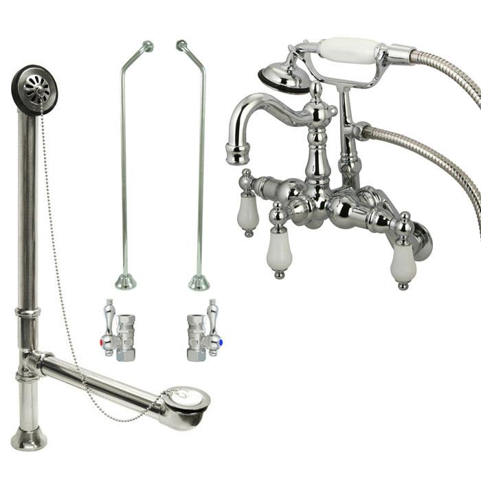 Chrome Wall Mount Clawfoot Tub Faucet w hand shower w Drain Supplies Stops CC1306T1system