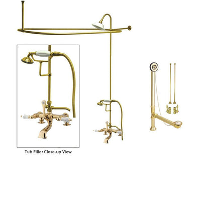 Polished Brass Clawfoot Tub Faucet Shower Kit with Enclosure Curtain Rod 207T2CTS