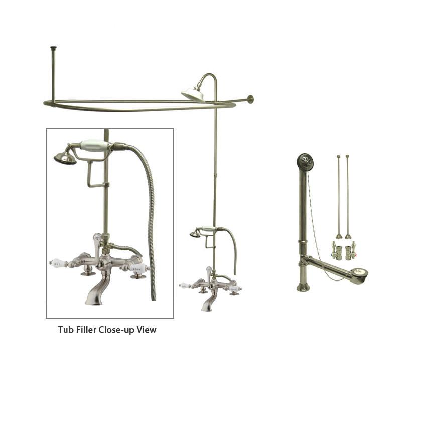 Satin Nickel Clawfoot Tub Faucet Shower Kit with Enclosure Curtain Rod 207T8CTS