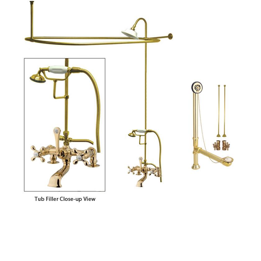 Polished Brass Clawfoot Bathtub Faucet Shower Kit with Enclosure Curtain Rod 209T2CTS