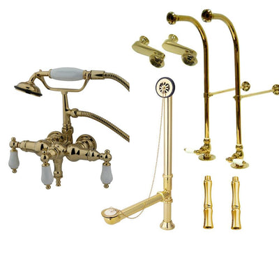 Freestanding Floor Mount Polished Brass White Porcelain Lever Handle Clawfoot Tub Filler Faucet with Hand Shower Package 23T2FSP