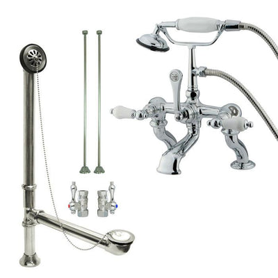Chrome Deck Mount Clawfoot Tub Faucet w hand shower w Drain Supplies Stops CC412T1system
