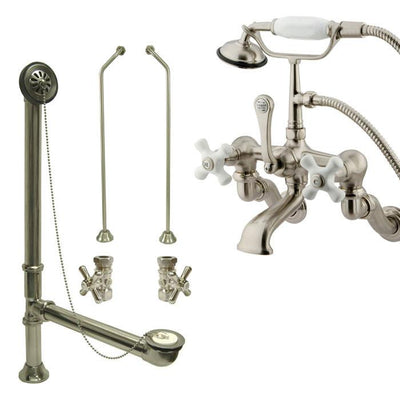 Satin Nickel Wall Mount Clawfoot Tub Faucet Package w Drain Supplies Stops CC465T8system