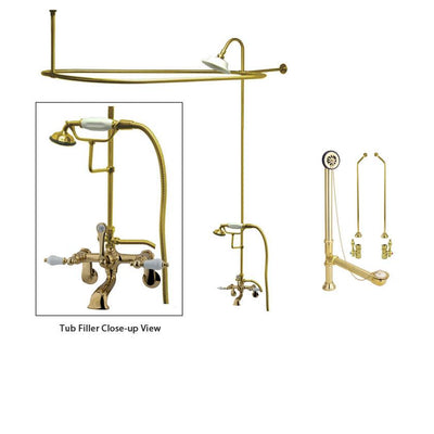 Polished Brass Clawfoot Tub Faucet Shower Kit with Enclosure Curtain Rod 55T2CTS