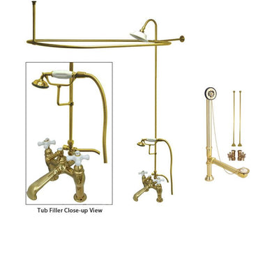 Polished Brass Clawfoot Tub Faucet Shower Kit with Enclosure Curtain Rod 611T2CTS
