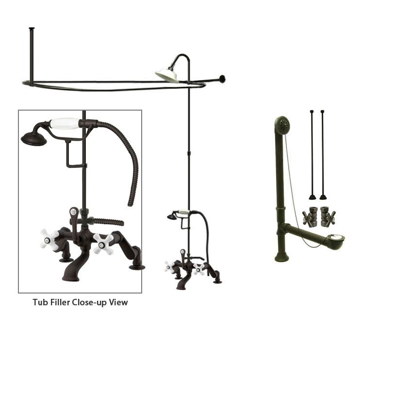 Oil Rubbed Bronze Clawfoot Tub Shower Faucet Kit with Enclosure Curtain Rod 659T5CTS