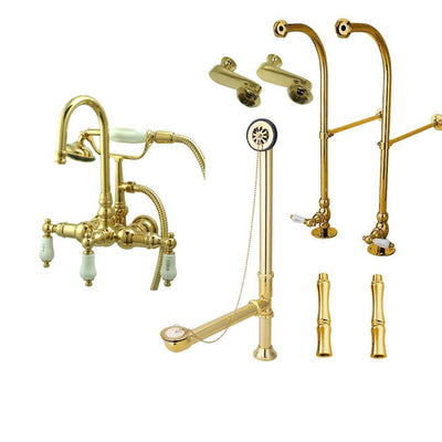 Freestanding Floor Mount Polished Brass Hot/Cold Porcelain Lever Handle Clawfoot Tub Filler Faucet with Hand Shower Package 9T2FSP