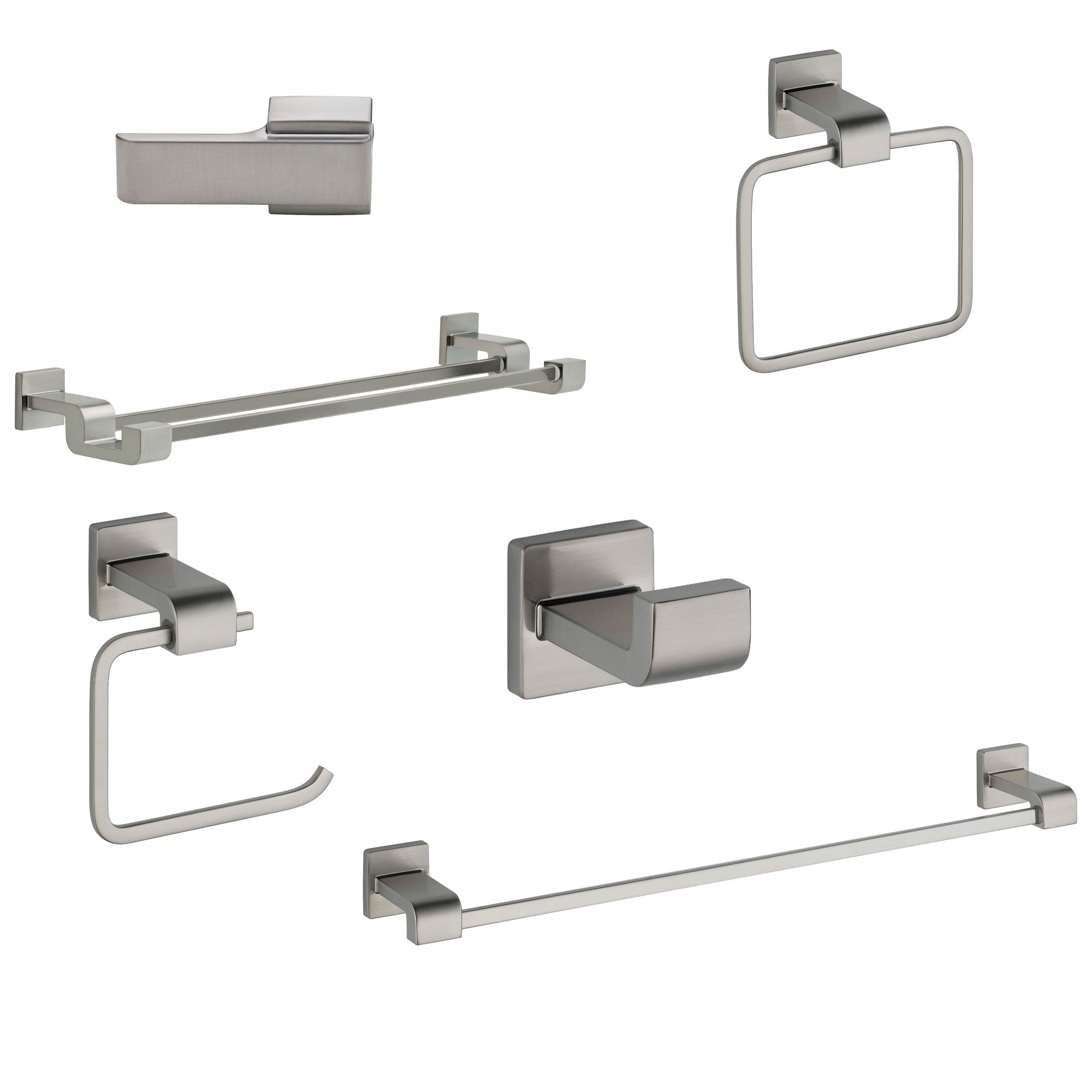 Delta Ara Stainless Steel Finish DELUXE Accessory Set: 24" Towel Bar, Paper Holder, Robe Hook, Towel Ring, Tank Lever & Double Towel Bar D10078AP