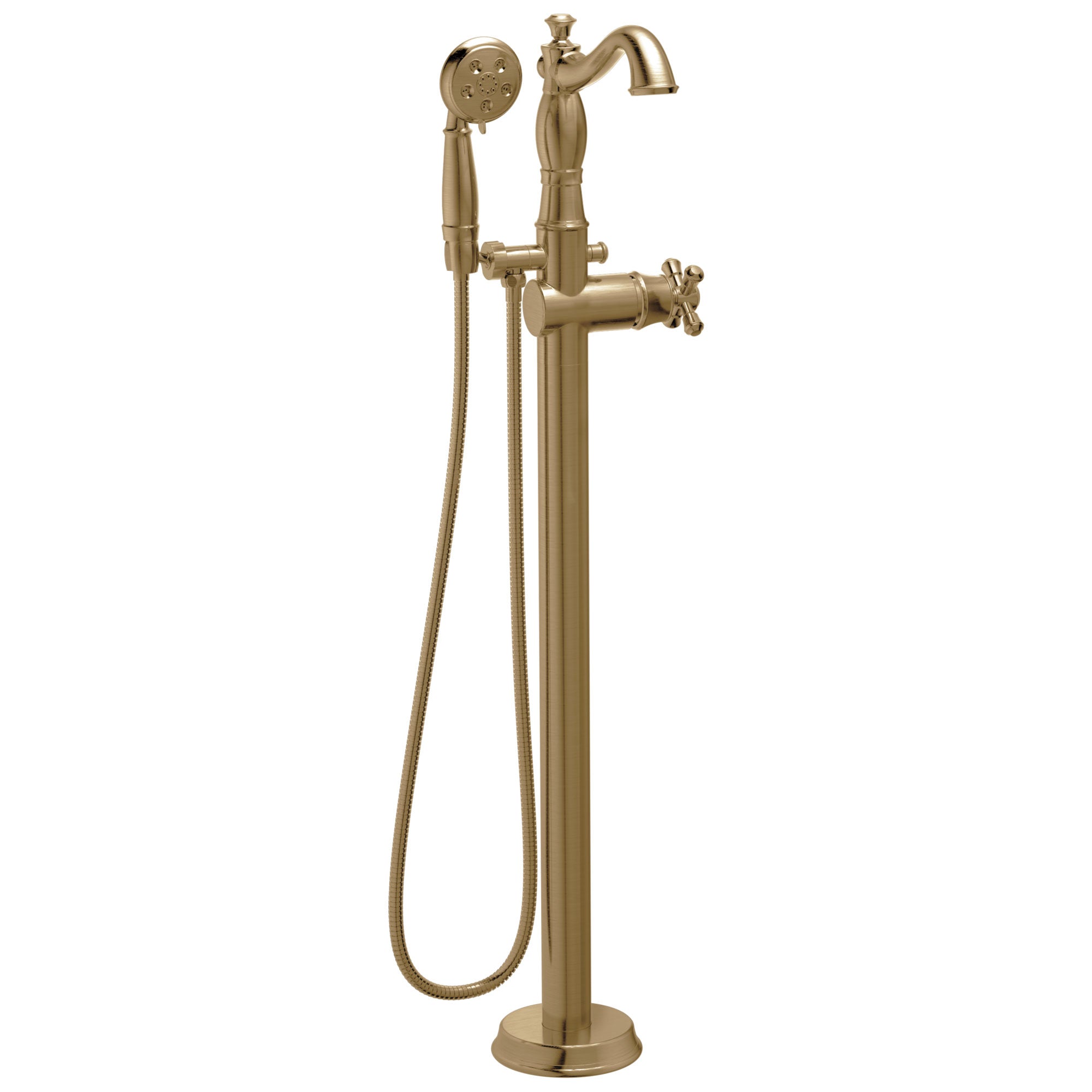 Delta Cassidy Freestanding Floor-Mount Tub Filler Faucet with Sprayer in Champagne Bronze INCLUDES Single Cross Handle and Rough-in Valve D2569V