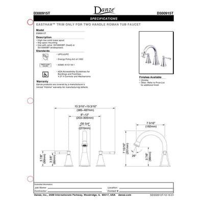 Danze Eastham Brushed Nickel Widespread Roman Bath Tub Filler Faucet INCLUDES Rough-in Valve