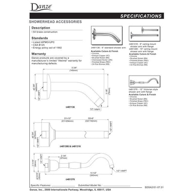 Danze 10" Oil Rubbed Bronze Ceiling Mount Shower Arm with Flange