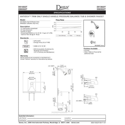 Danze Antioch Chrome 1 Handle Pressure Balance 1.5 GPM Tub and Shower Faucet INCLUDES Rough-in Valve