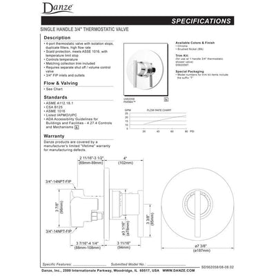 Danze Parma Chrome 1 Handle 3/4" High-Volume Thermostatic Shower Control INCLUDES Rough-in Valve