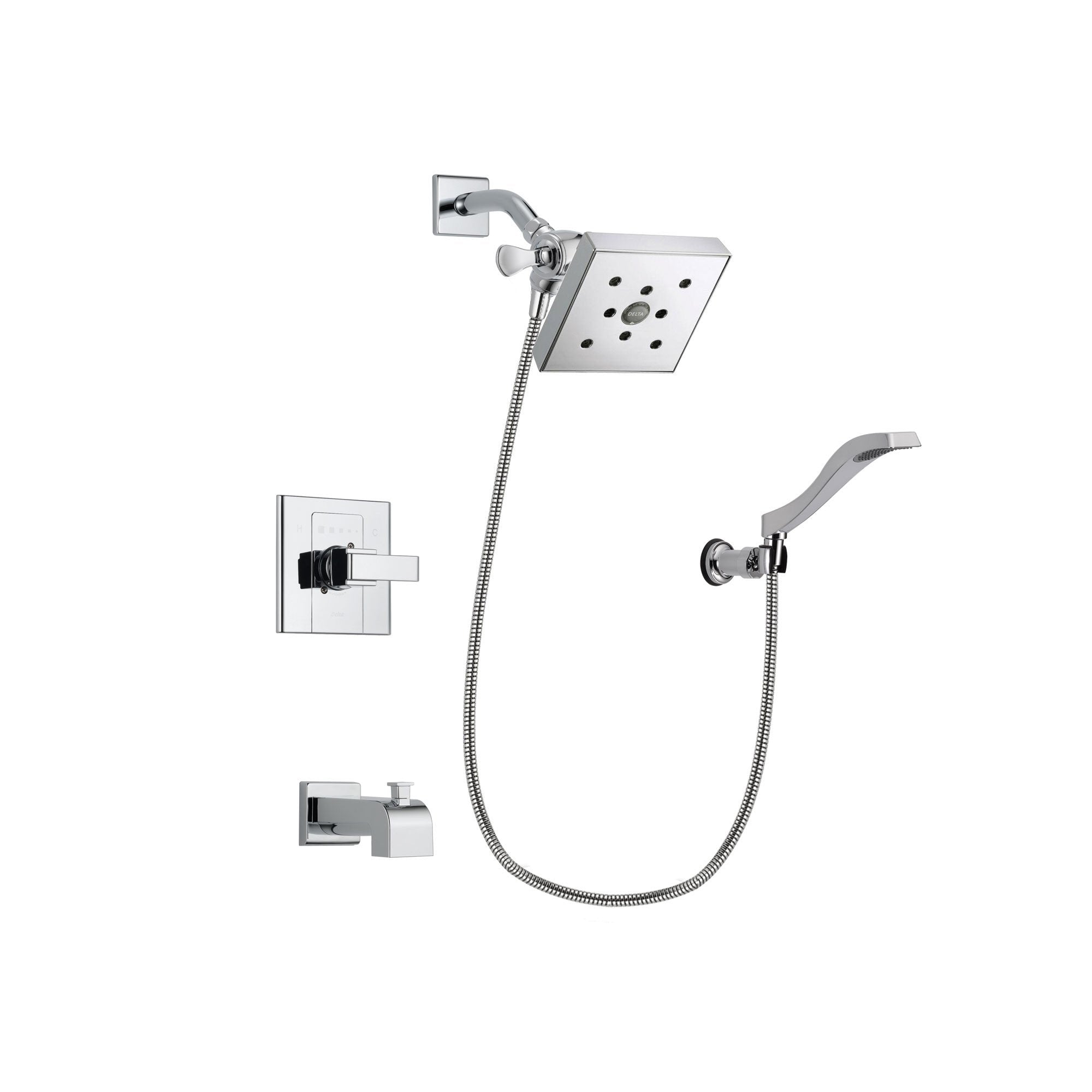 Delta Arzo Chrome Finish Tub and Shower Faucet System Package with Square Shower Head and Modern Handheld Shower Spray with Wall Bracket and Hose Includes Rough-in Valve and Tub Spout DSP0043V
