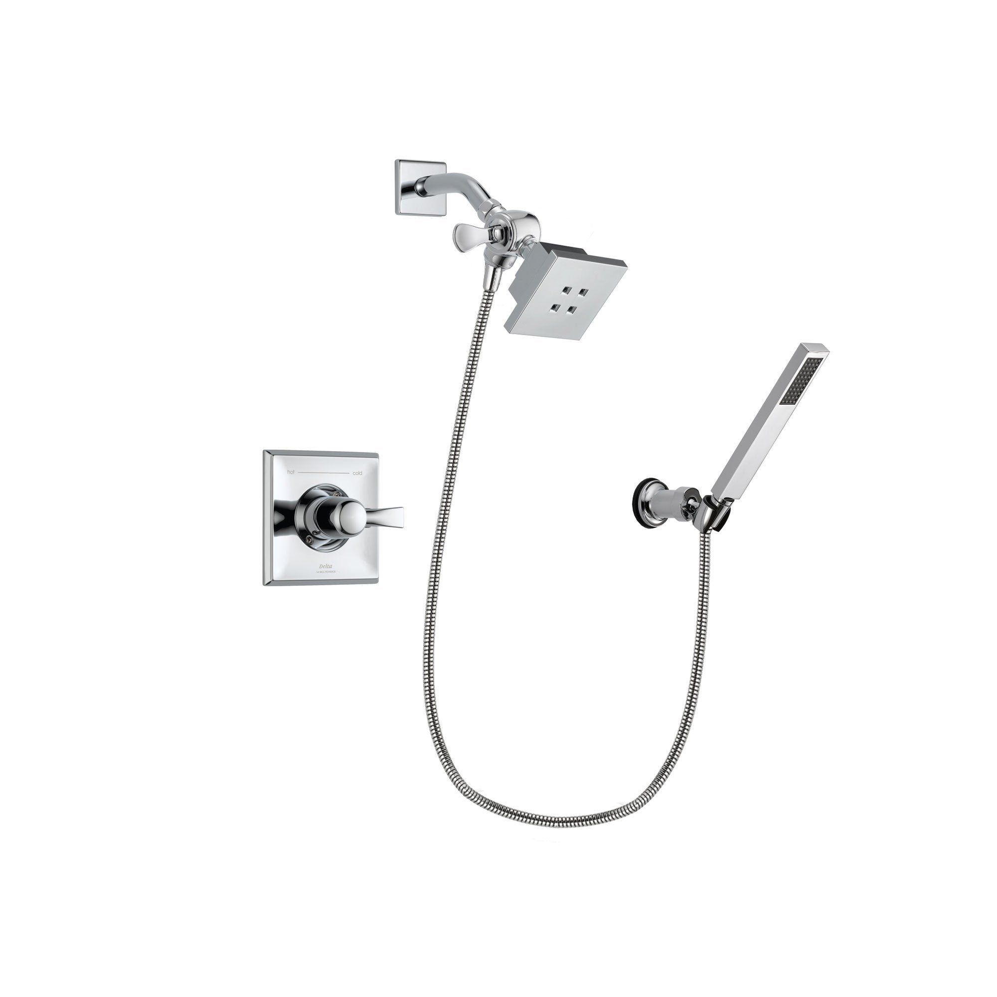 Delta Dryden Chrome Finish Shower Faucet System Package with Square Showerhead and Modern Handheld Shower Spray with Wall Bracket and Hose Includes Rough-in Valve DSP0104V