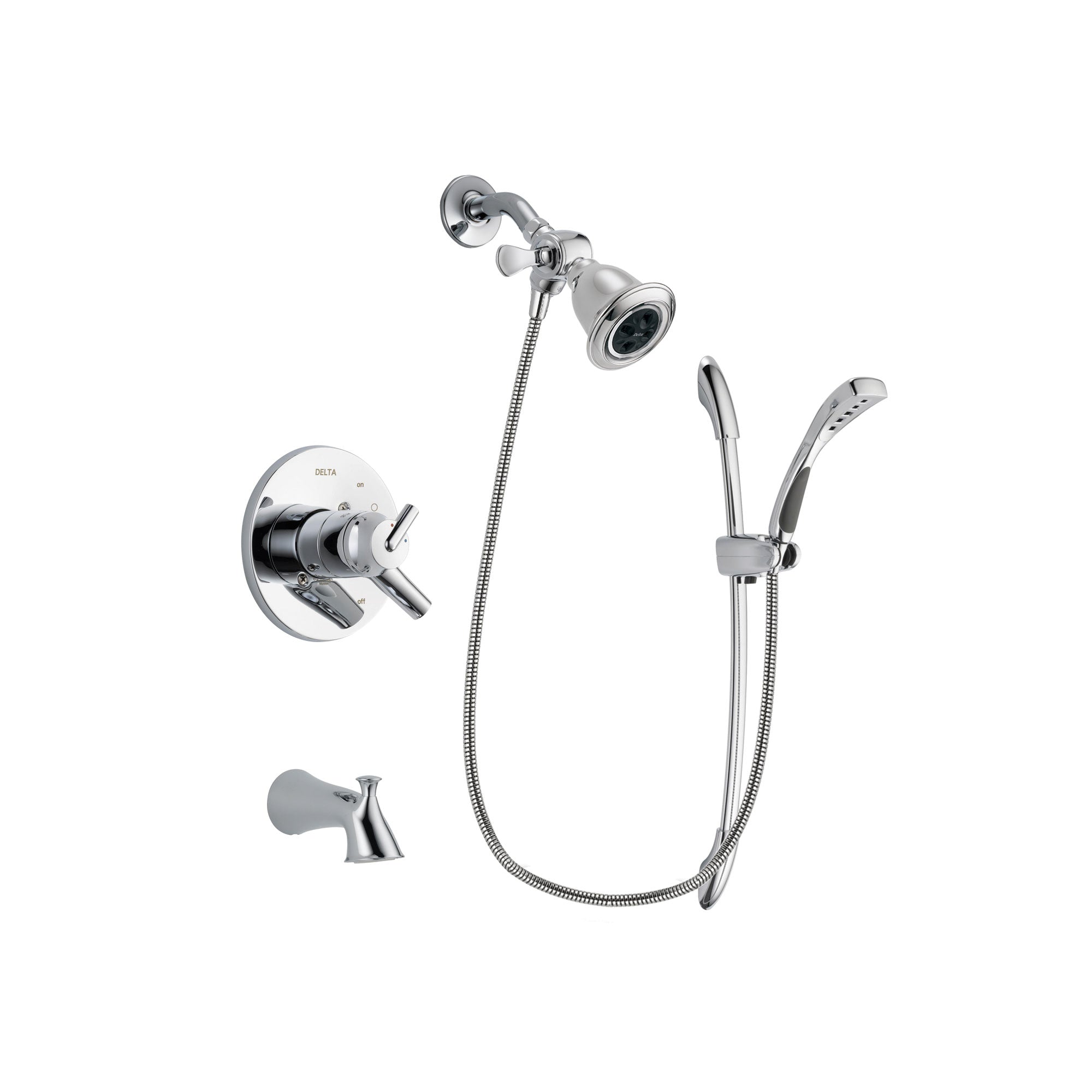 Delta Trinsic Chrome Finish Dual Control Tub and Shower Faucet System Package with Water Efficient Showerhead and Handheld Shower with Slide Bar Includes Rough-in Valve and Tub Spout DSP0481V