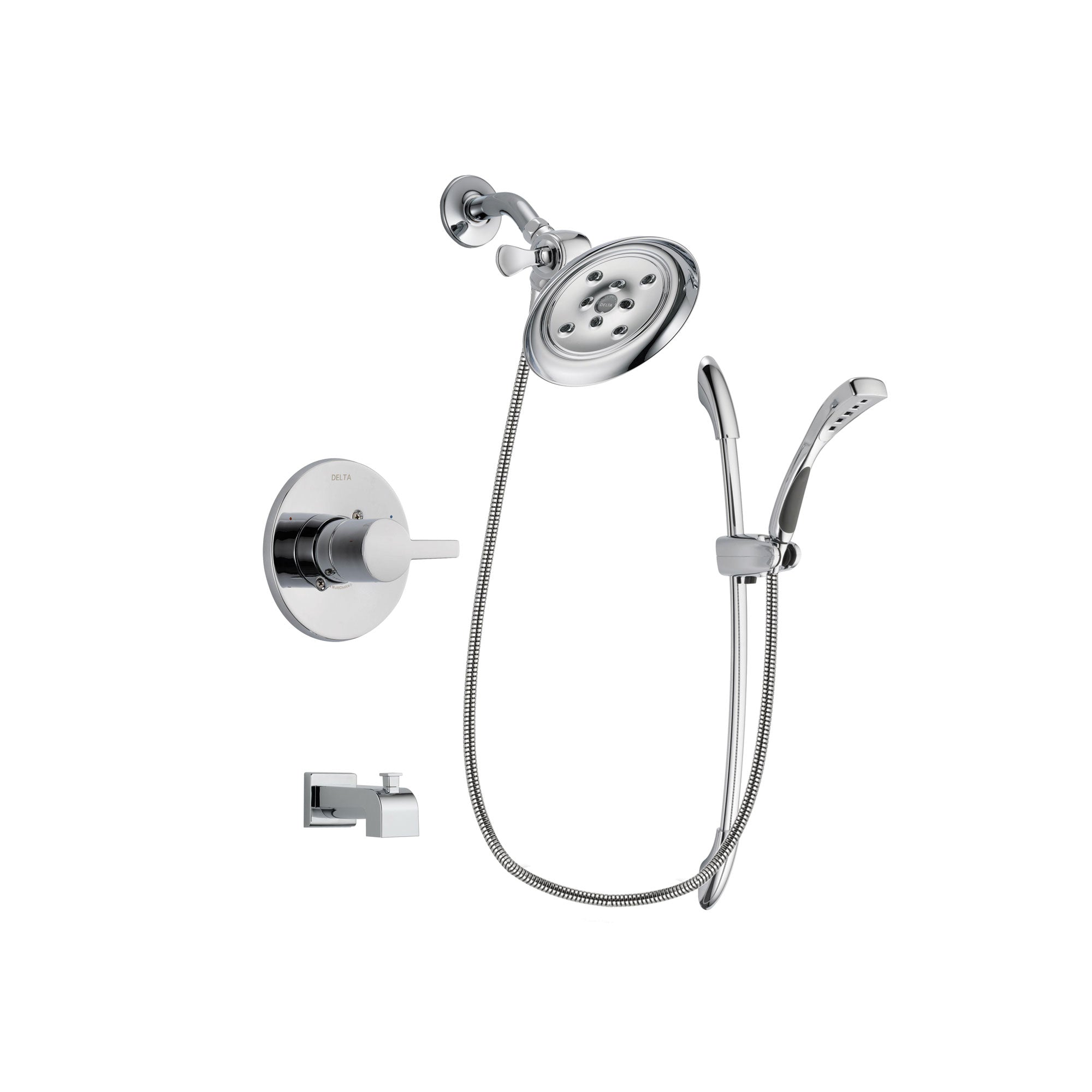 Delta Compel Chrome Finish Tub and Shower Faucet System Package with Large Rain Showerhead and Handheld Shower with Slide Bar Includes Rough-in Valve and Tub Spout DSP0507V