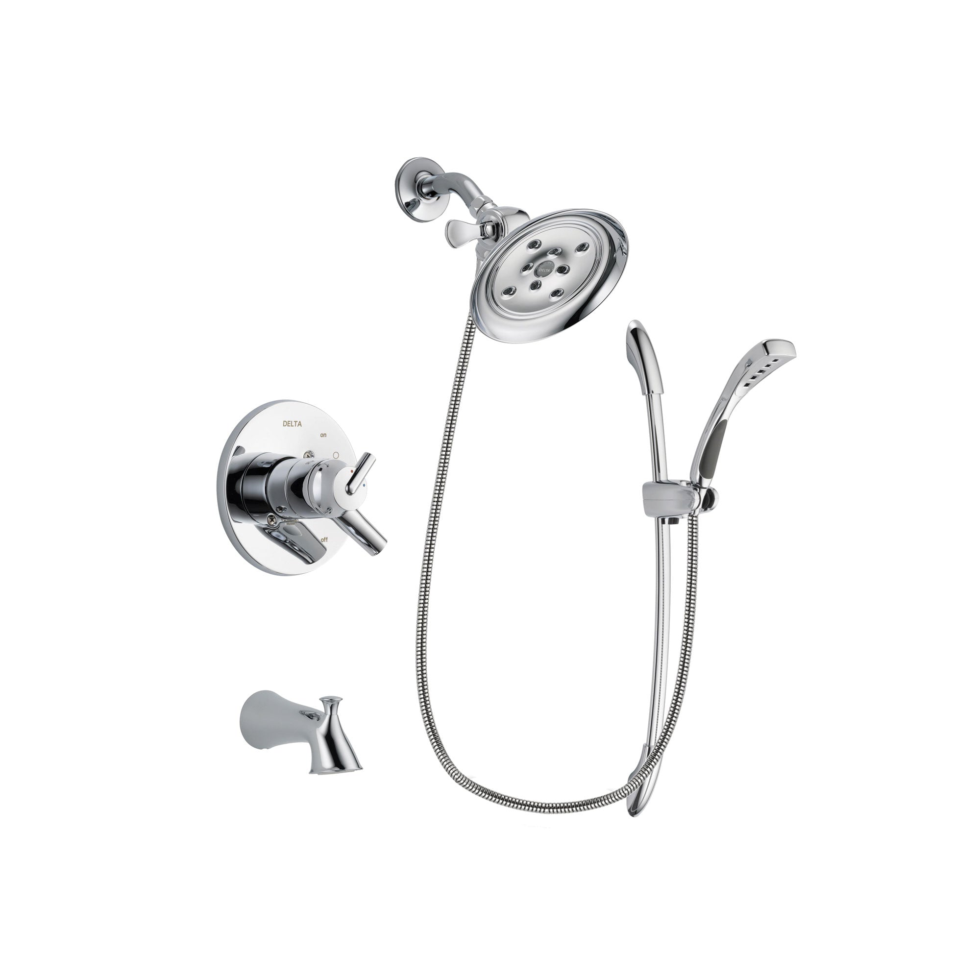 Delta Trinsic Chrome Finish Dual Control Tub and Shower Faucet System Package with Large Rain Showerhead and Handheld Shower with Slide Bar Includes Rough-in Valve and Tub Spout DSP0515V