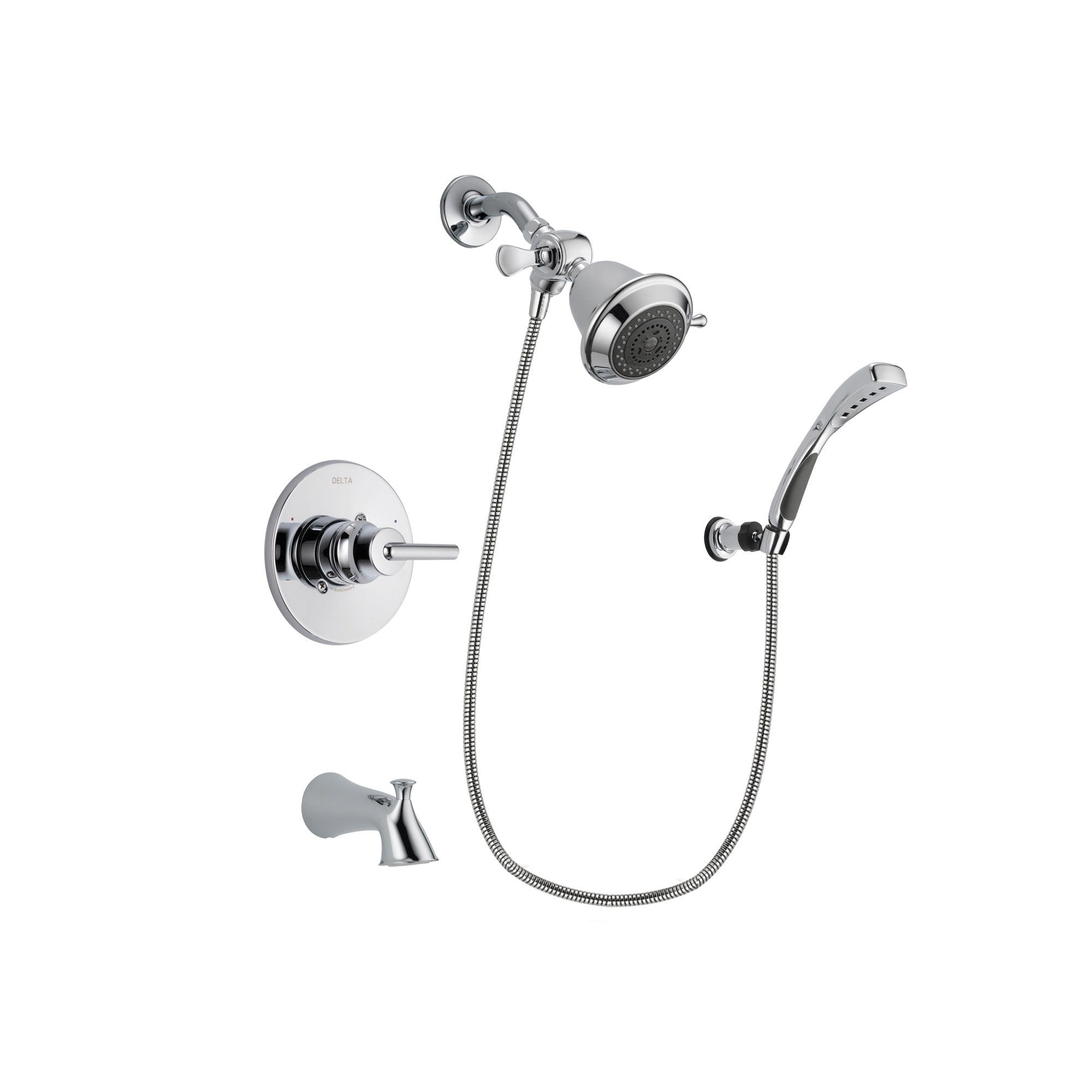 Delta Trinsic Chrome Finish Tub and Shower Faucet System Package with Shower Head and Wall-Mount Bracket with Handheld Shower Spray Includes Rough-in Valve and Tub Spout DSP0981V